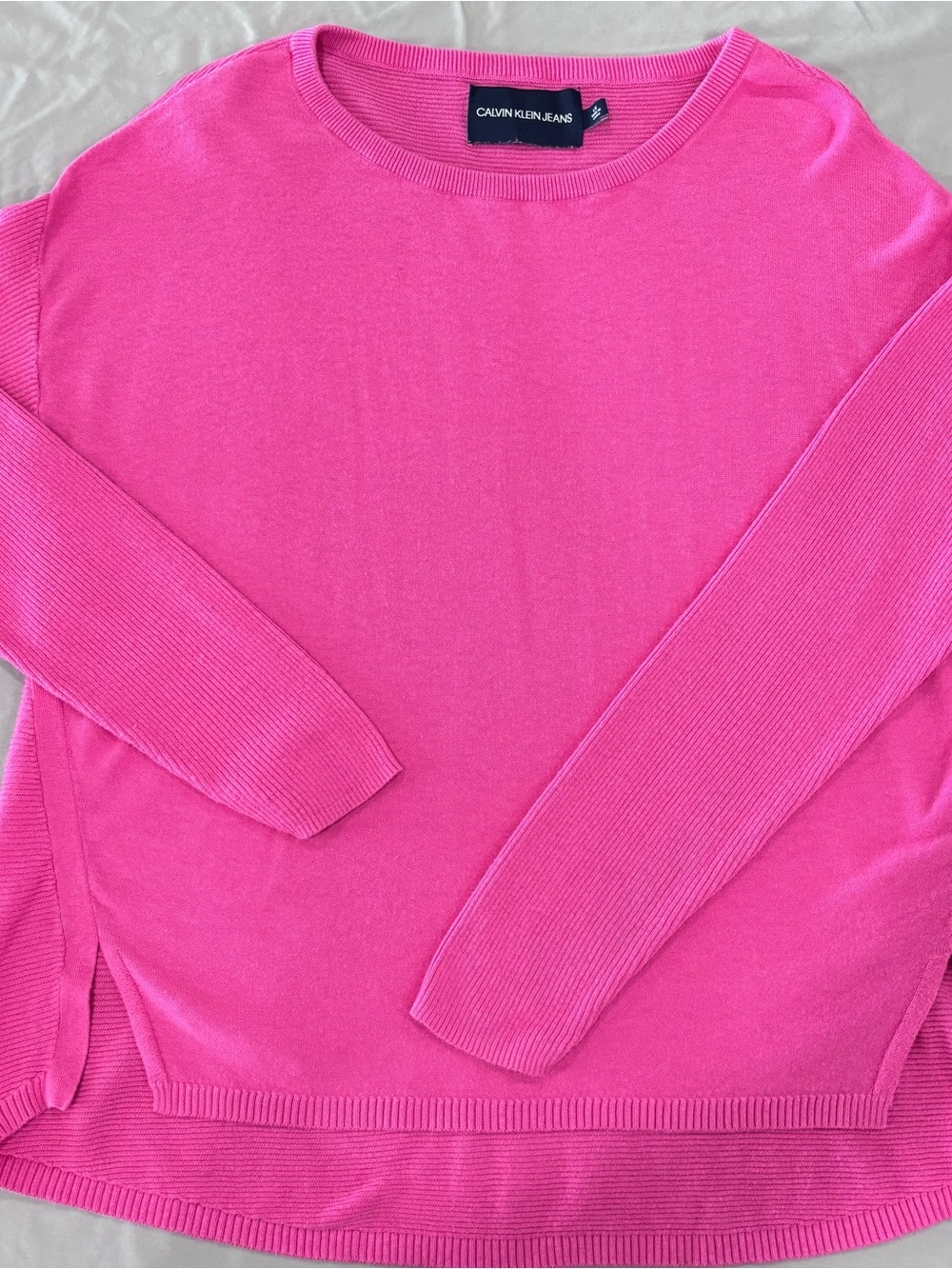 Calvin Klein Jeans Womens L Hot Pink Oversized High Low Ribbed Knit Pullover